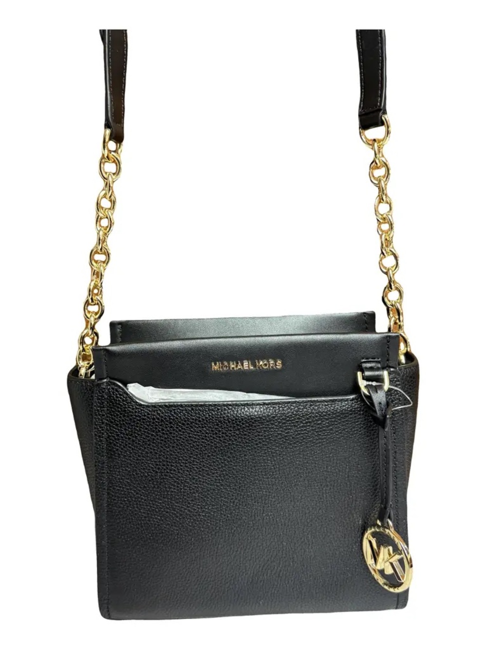 Michael Kors Black Leather Crossbody with Gold Chain and MK Charm